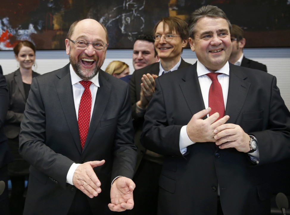 Former EU president Schulz and German Economy Minister Gabriel attend SPD parliamentary fraction meeting in Berlin