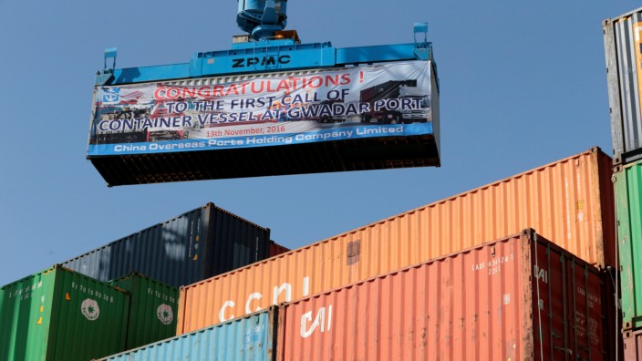 FILE PHOTO: A container is loaded on to the first Chinese container ship to depart after the inauguration of the China Pakistan Economic Corridor port in Gwadar