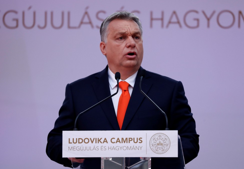 FILE PHOTO: Hungarian Prime Minister Viktor Orban speaks at the National University of Public Service in Budapest
