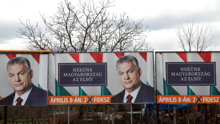 Election billboards of Hungarian PM Orban are seen in Baja