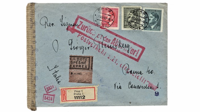 Post aus der NS-Zeit: "Postverkehr z. Z. eingestellt". Ein Brief wird am 31. August 1943 von Prag zurück nach Rom geschickt.