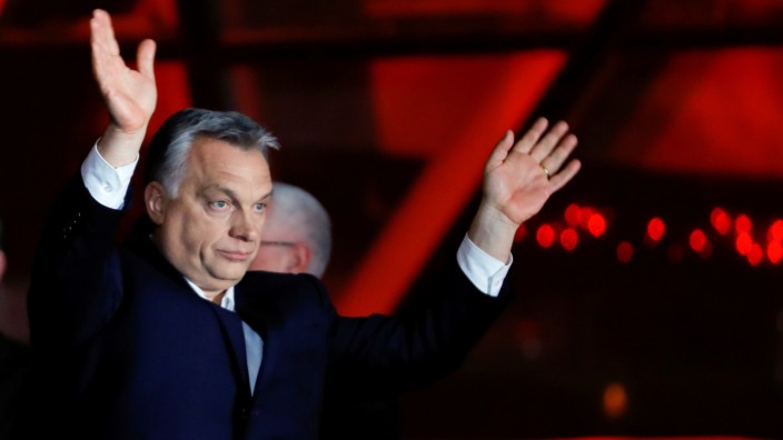 Hungarian Prime Minister Viktor Orban addresses the supporters after the announcement of the partial results of parliamentary election in Budapest