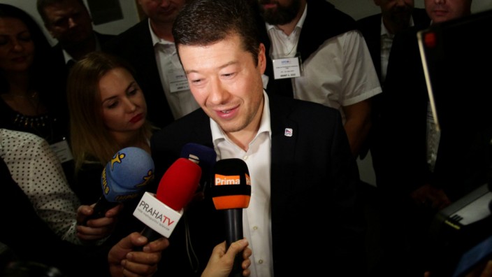 The leader of Freedom and Direct Democracy party Tomio Okamura speaks during a press conference in Prague