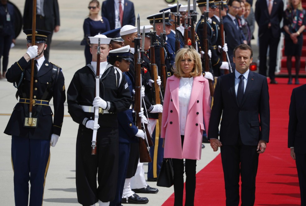 French President Emmanuel Macron and Mrs. Macron arrive at Joint Base Andrews in Maryland, U.S.