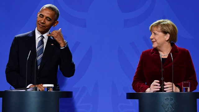 Merkel und Trump: Bundeskanzlerin Angela Merkel und US-Präsident Barack Obama halten eine gemeinsame Pressekonferenz nach ihrem Treffen im Berliner Kanzleramt am 17. November 2016.