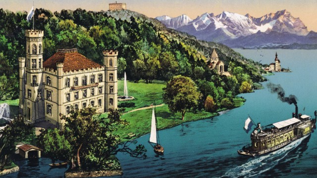 Zum 173. Geburtstag des Märchenkönigs: Schloss Berg und Votivkapelle am Starnberger See auf einer Postkarte aus dem Jahr 1914.