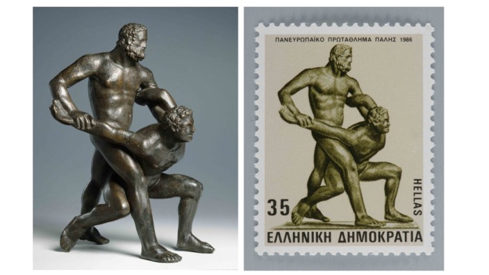 Museum: Rechts eine griechische Briefmarke aus dem Jahr 1986, anlässlich der Ringer-Europameisterschaften – und links das Vorbild aus der Münchner Sammlung, eine Kleinbronze aus dem 2. Jahrhundert vor Christus