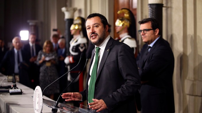 League party leader Matteo Salvini speaks to the media after a consultation with the Italian President Sergio Mattarella at the Quirinal Palace in Rome