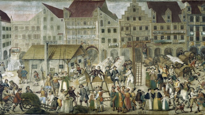 Stadtgeschichte: Das Bild eines unbekannten Künstlers von 1634 zeigt den Schrannenplatz mit Marktleuten und Soldaten - es dürfte sich eher um eine Komposition verschiedener Szenen als um ein konkretes Abbild handeln.
