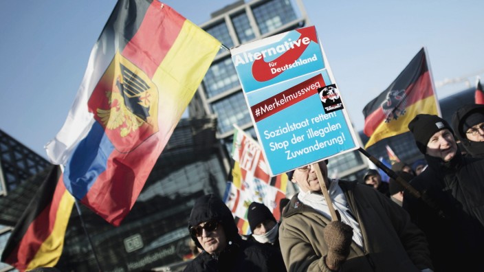 Demonstranten mit AfD-Plakaten auf einer Kundgebung 2018 in Berlin.