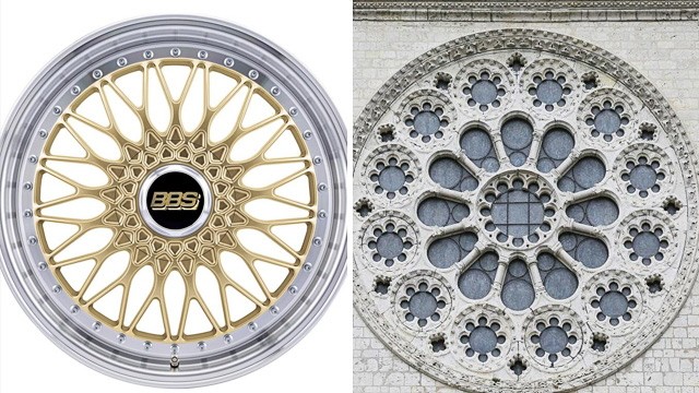 Felgen im Autodesign: Die Ähnlichkeit ist nicht zu übersehen: eine BBS-Felge und ein Kirchenfenster der Kathedrale von Chartres.