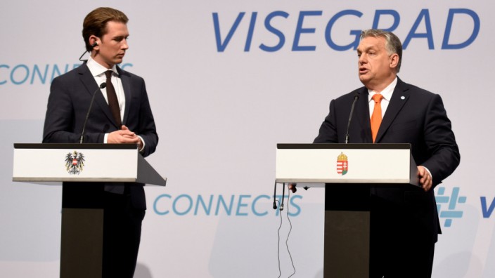 Prime Minister of Hungary Orban, Federal Chancellor of Austria Kurz, and Prime Minister of Slovakia Peter Pellegrini attend a news conference in Budapest