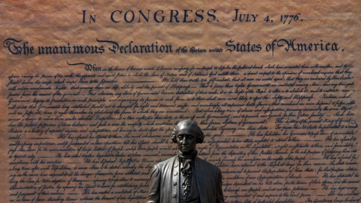 July 4 2018 Philadelphia PA USA A statue of Thomas Jefferson is seen in front of a large pri