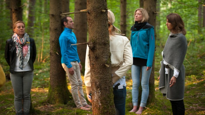 Therapie gegen Stress: Eintauchen in den Wald mit allen Sinnen: Irmi Baumann (vom Baum verdeckt) mit ihrer Gruppe im Perlacher Forst.