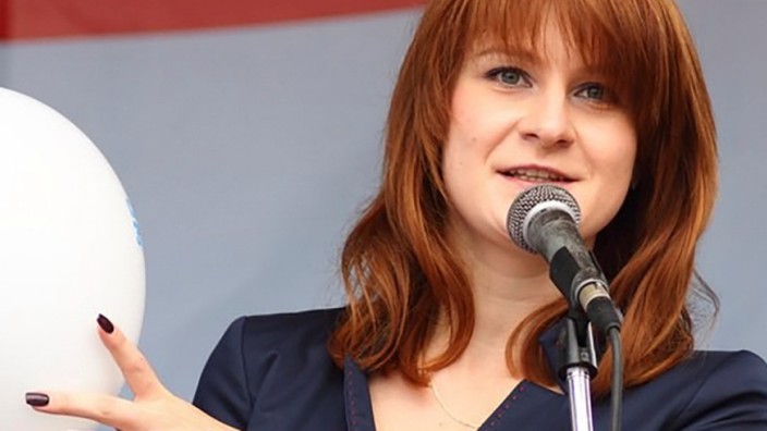 Public figure Maria Butina delivers a speech during a rally to demand the expanding of rights of Russian citizens