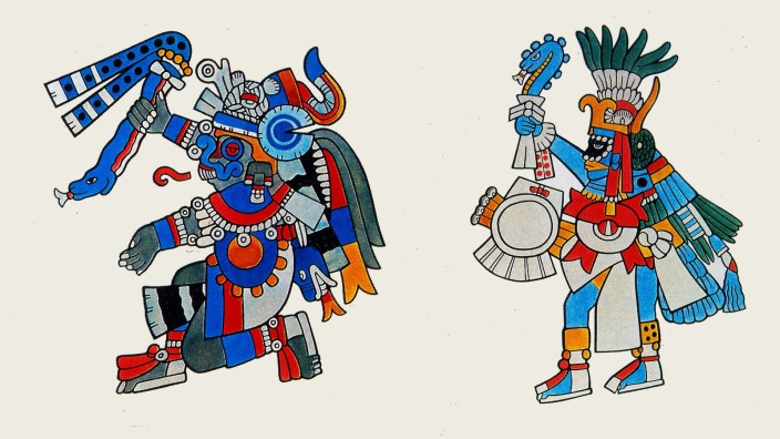 Aztec divinities after Codex Borbonicus, 1507 left : Tlaloc, right: Huitzilopachtli,