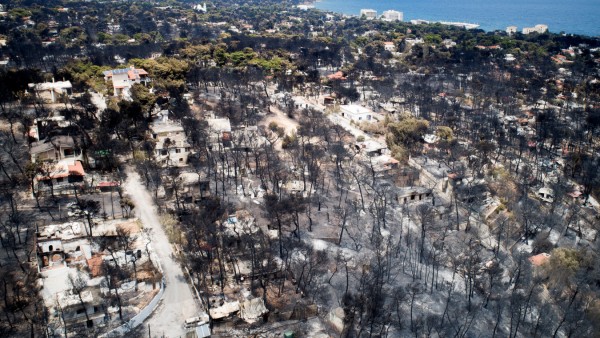 An aerial view shows burnt houses and trees following a wildfire in the village of Mati