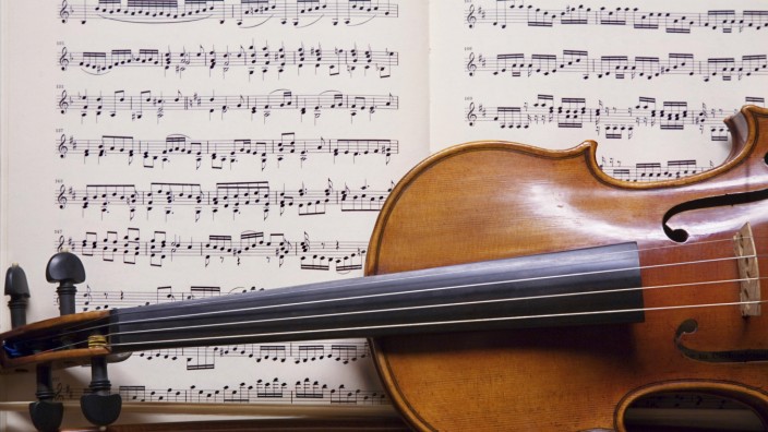 Geige vor einer Partitur violin in front of a musical score BLWS253349