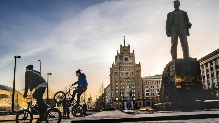 Russia Moscow Triumfalnaya Square after reconstruction Bicyclists KonstantinxKokoshkin PUBLICATI