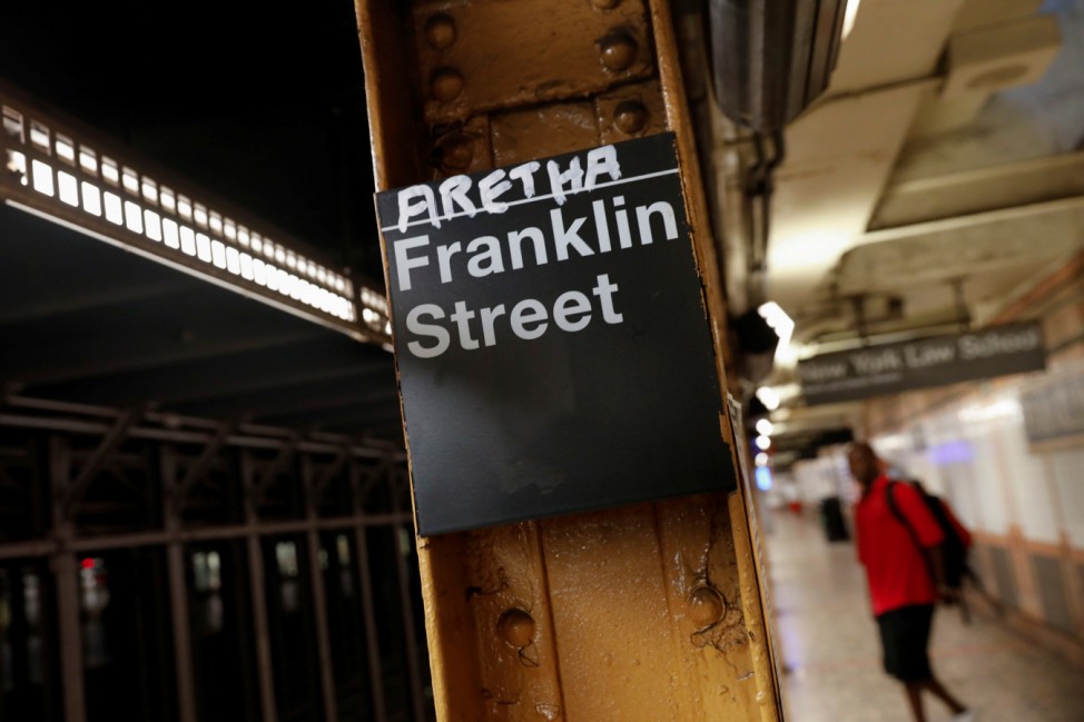 The name of Aretha is posted above the Franklin Street subway station in memory of singer Aretha Franklin in Manhattan, New York
