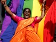 An activist of lesbian, gay, bisexual and transgender (LGBT) community celebrates after the Supreme Court's verdict of decriminalizing gay sex and revocation of the Section 377 law, in Bengaluru
