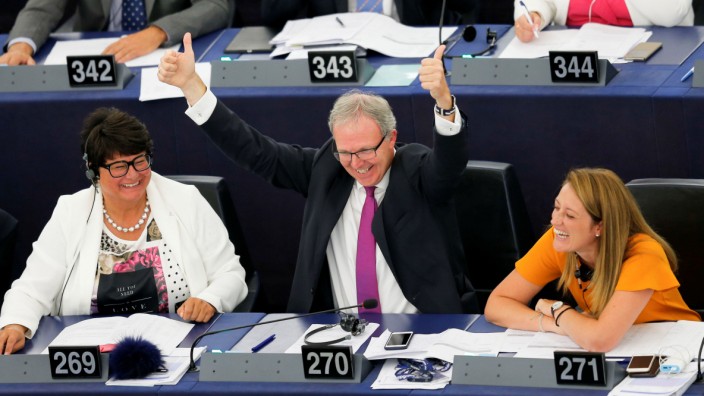 EU-Parlament: Axel Voss 2018 nach der Abstimmung zum Leistungsschutzrecht