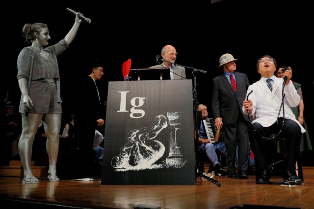 Horiuchi of Japan accepts the Ig Nobel for Medical Education during the Ig Nobel awards ceremony at Harvard University in Cambridge