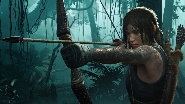 Lara Croft aus Tomb Raider zielt mit Pfeil und Bogen auf etwas, das sich außerhalb des Bildschirms befindet.
