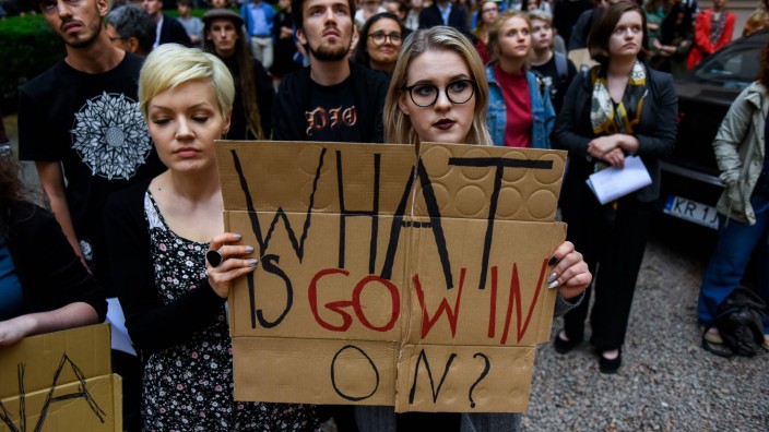 June 13 2018 Krakow Poland Two female students seen holding a placard during the demonstration
