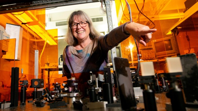 Donna Strickland, an associate professor at the University of Waterloo, is photographed in her lab following a news conference, after winning the Nobel Prize for Physics, at the university in Waterloo