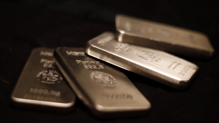 Platinum bars are stacked at the safe deposit boxes room of the ProAurum gold house in Munich