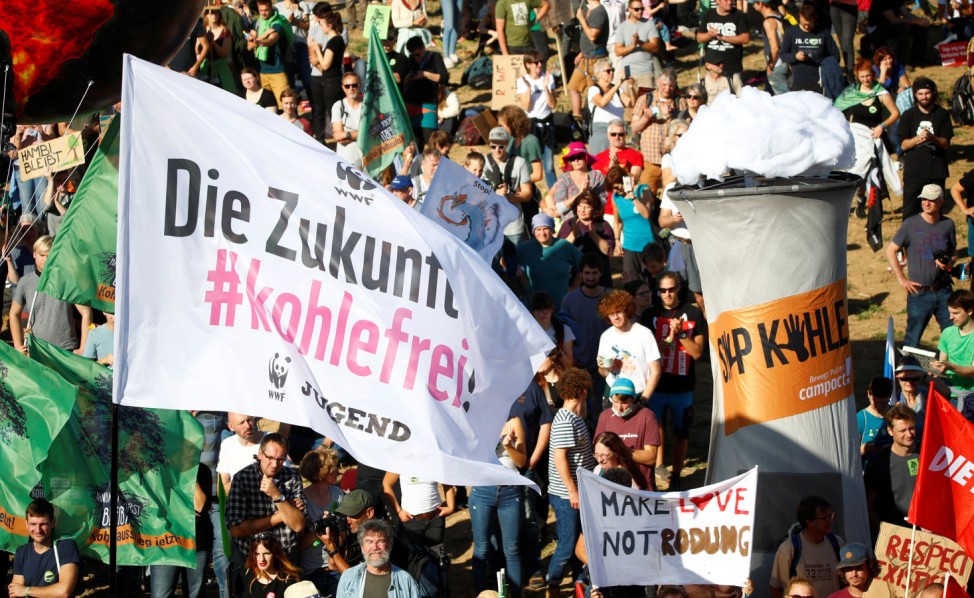 People protest for the preservation of the ancient forest 'Hambacher Forst' near the western German town of Kerpen-Buir west of Cologne