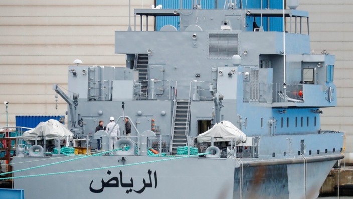 A coast guard boat 'Alriyadh' for Saudi Arabia is pictured at the Luerssen Peene shipyard in Wolgast