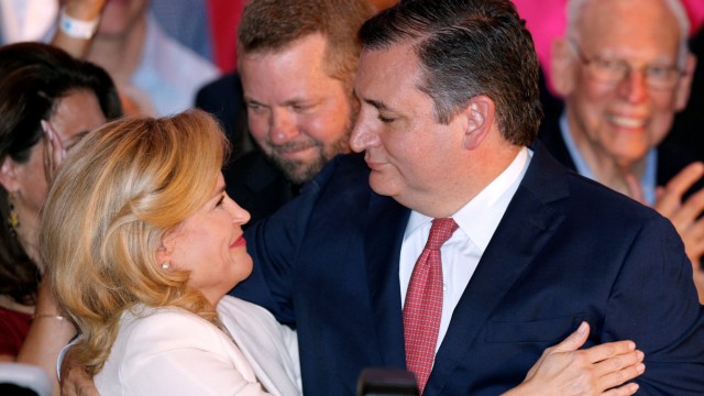 Republican U.S. Senator Ted Cruz hugs his wife Heidi Cruz during his election night party in Houston