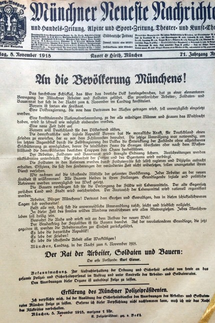 Revolution 1918: Die Titelseite der Münchner Neuesten Nachrichten vom 8. November 1918