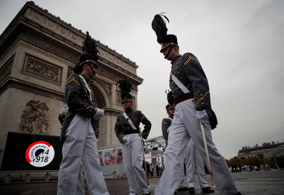 Cadets form the New York military academy wait during a commemoration ceremony for Armistice Day, 100 years after the end of the First World War at the Arc de Triomphe, in Paris