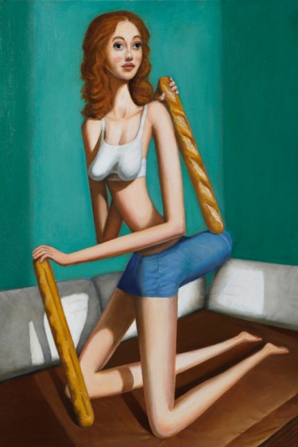 Kunstauktion: Ein surrealistischer Spaß ist Alessandro Bostelmanns Gemälde "Frau mit ofenfrischen Baguettes auf einer Couch".