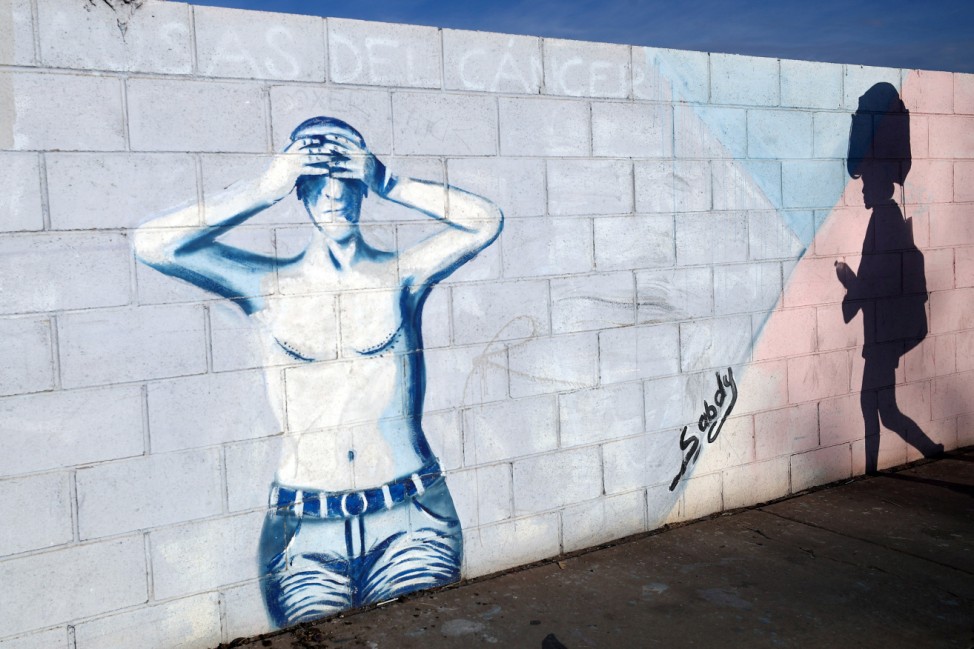 A migrant, part of a caravan of thousands traveling from Central America en route to the United States, casts her shadow on a wall of graffiti as she makes his way to Tijuana from Mexicali