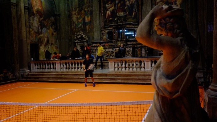 Interactive tennis court inside 16th century Milan church