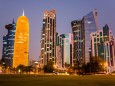 DOHA QATAR - MARCH 15 2018 Doha skyscrapers lit at night Marina Lystseva TASS PUBLICATIONxINxGE