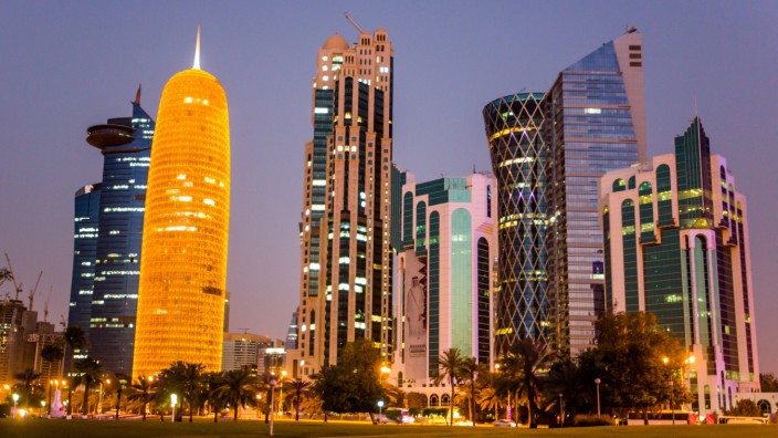 DOHA QATAR - MARCH 15 2018 Doha skyscrapers lit at night Marina Lystseva TASS PUBLICATIONxINxGE