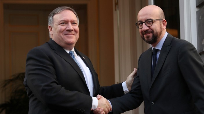 U.S. Secretary of State Mike Pompeo is welcomed by Belgian Prime Minister Charles Michel prior to a meeting in Brussels