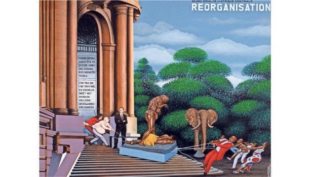 Postkolonialismus: So sah der kongolesische Künstler Chéri Samba 2002 auf seinem Gemälde „Réorganisation“ das Ringen um die Neugestaltung des Museums.
