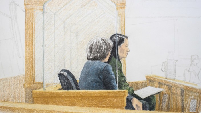 Festnahme in Vancouver: Der Huawei-Finanzchefin drohen im Falle einer Verurteilung 30 Jahre Haft: Meng Wanzhou (rechts) vor einem Gericht im kanadischen Vancouver.