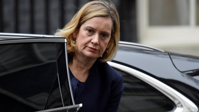 Britain's Work and Pensions Secretary, Amber Rudd, arrives in Downing Street, in central London