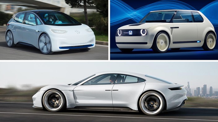 Mobilität: Drei neue Elektroauto-Modelle, die in ihrer Klasse bald zu den beliebtesten Fahrzeugen gehören dürften: der VW ID, der Honda Urban EV und der Porsche Taycan (im Uhrzeigersinn).