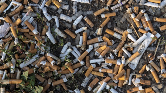 Zigarettenstummel in der Natur: Zigarettenstummel auf einer Autobahnraststätte.