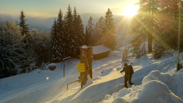 Report: Der Berg ist bereitet von den Wegewarten und so geht es auch im Schnee gut voran: Aufstieg auf den Brünnstein im morgendlichen Sonnenschein.