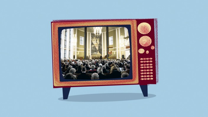 Fernsehen: So voll, der Gottesdienst? Bei Sendungen der christlichen Kirchen geht es nicht immer repräsentativ zu. Illustration: BR/SZ