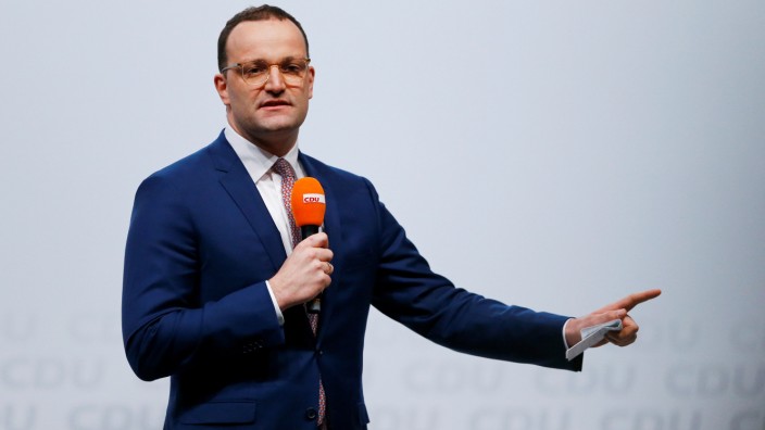 Christian Democratic Union (CDU) candidate for the party chair Jens Spahn delivers a speech as he attends a regional conference in Duesseldorf